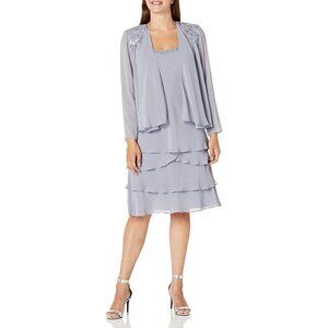 NWT Women's 12 S.L. Fashions Embellished Tiered Jacket Dress - Concrete